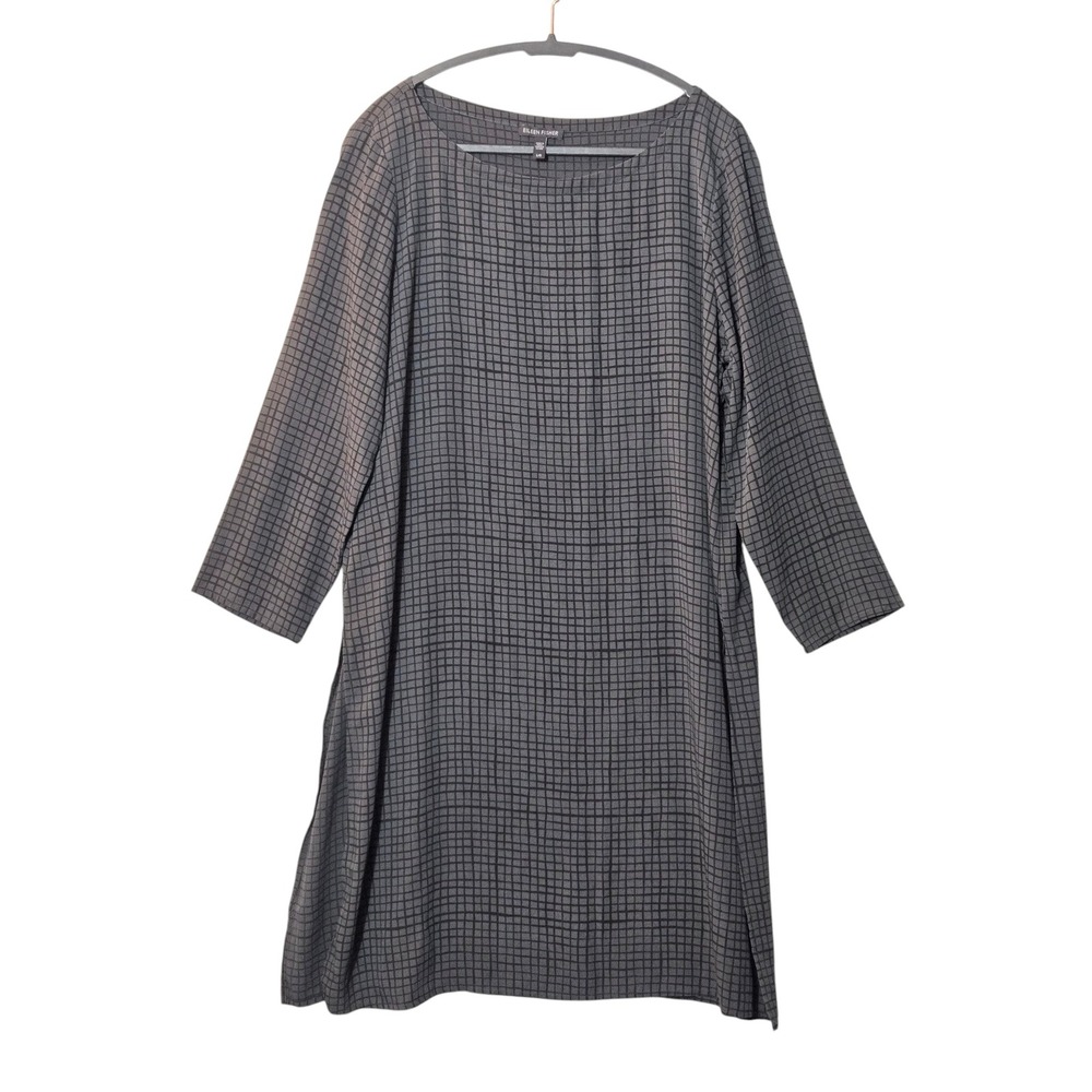 Eileen Fisher 100% Silk Grid Print Shift Dress Boat Neck Grey Black L Lagenlook